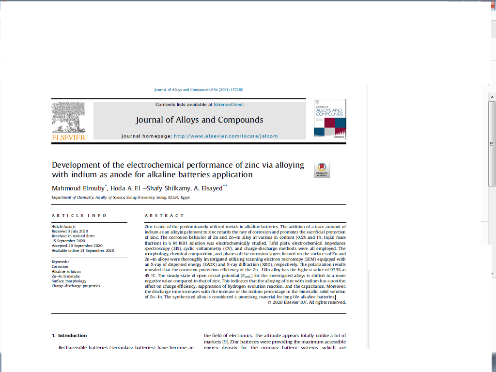 Development of the electrochemical performance of zinc via alloying with indium as anode for alkaline batteries application